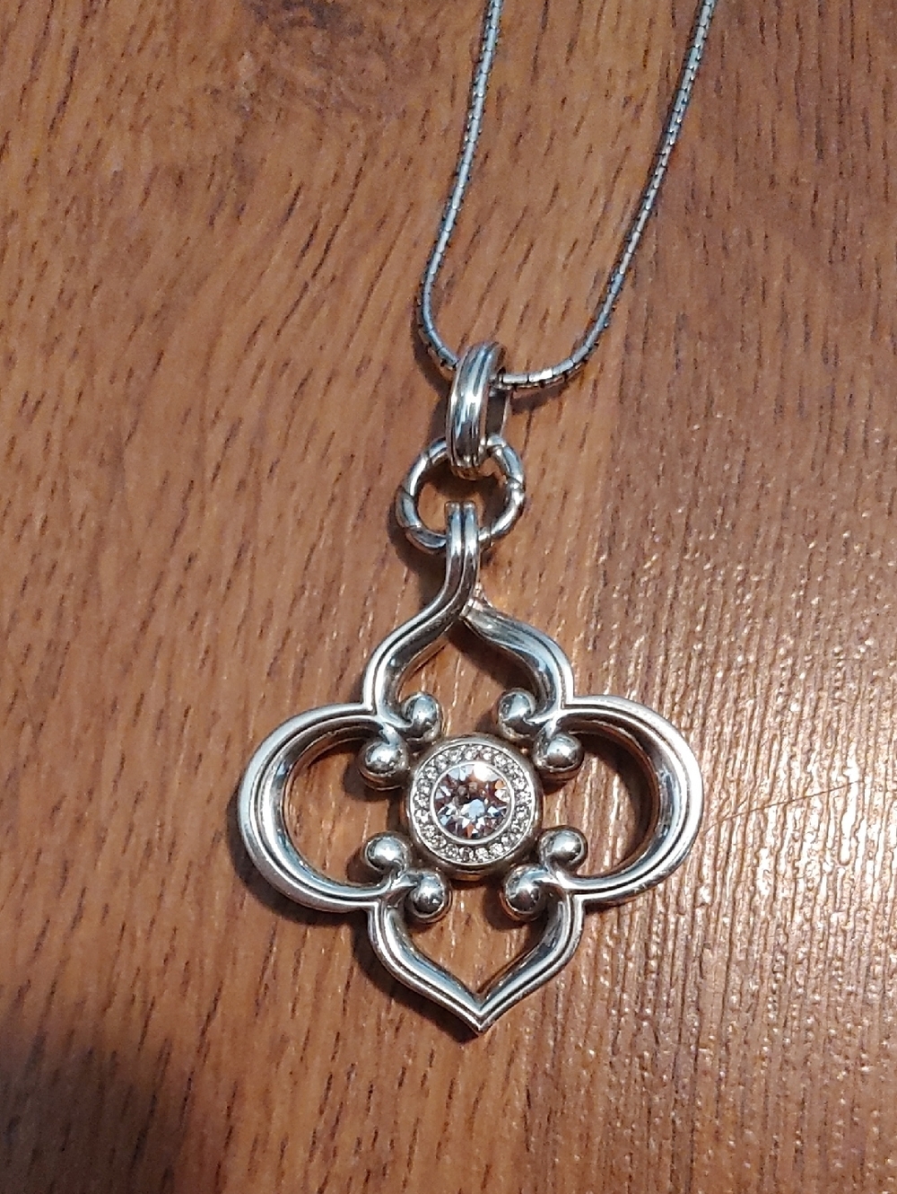 Brighton Toledo Silver Floral Pendant Necklace with Clear Crystal Center